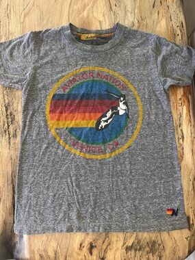 Kids Aviator Nation Gray Tee 10 with Blue, Red, Yellow & Teal Stripes